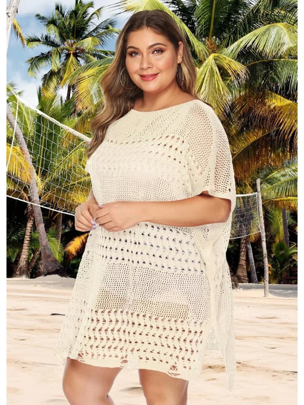 Women's D Hollow Beige One Size Polyester Crochet Summer Swimsuit Coverup Dress